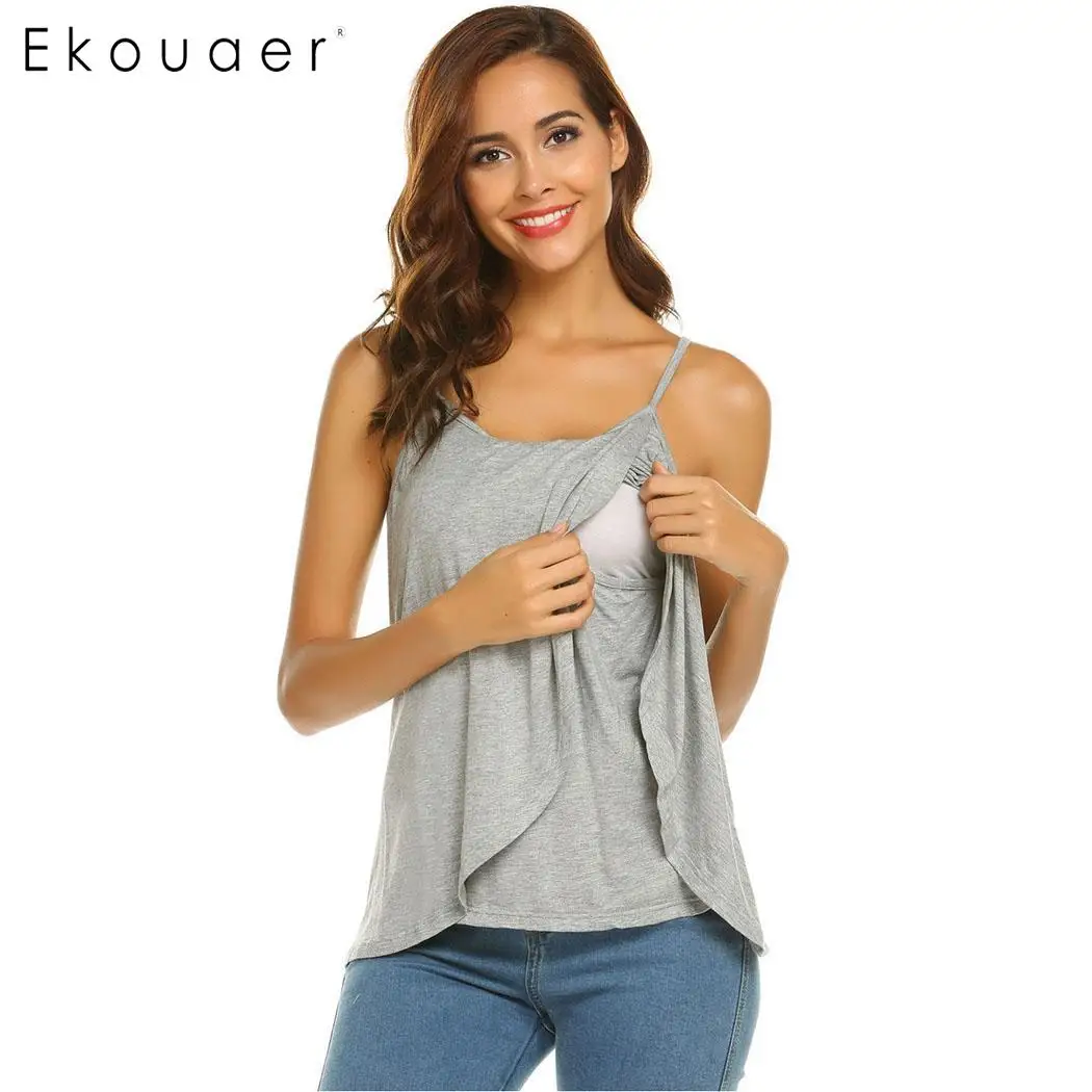 Ekouaer Women Sleep Tops Cotton Sleepwear Solid Sleeveless Adjustable