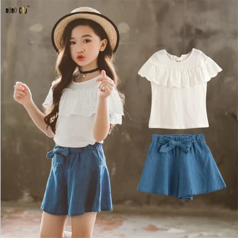 

School Girl Outfit Two Pieces Sets Kids Clothes Summer Ruffles Casual Girl Clothing Sets Child Costume 4 5 6 7 8 9 10 11 12 Year