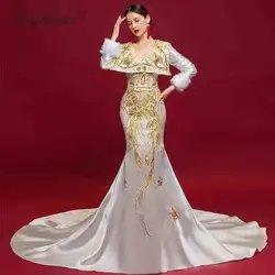 Белый для вечернего платья с вышивкой с длинным рукавом Русалка Восточный стиль платья для вечеринок китайские свадебные Cheongsam Шлейфом