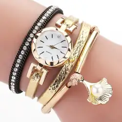 2019 Для женщин круглый стол жемчуг морской ракушки модные Повседневное Diamond PU Watch женское платье наручные часы браслет часы