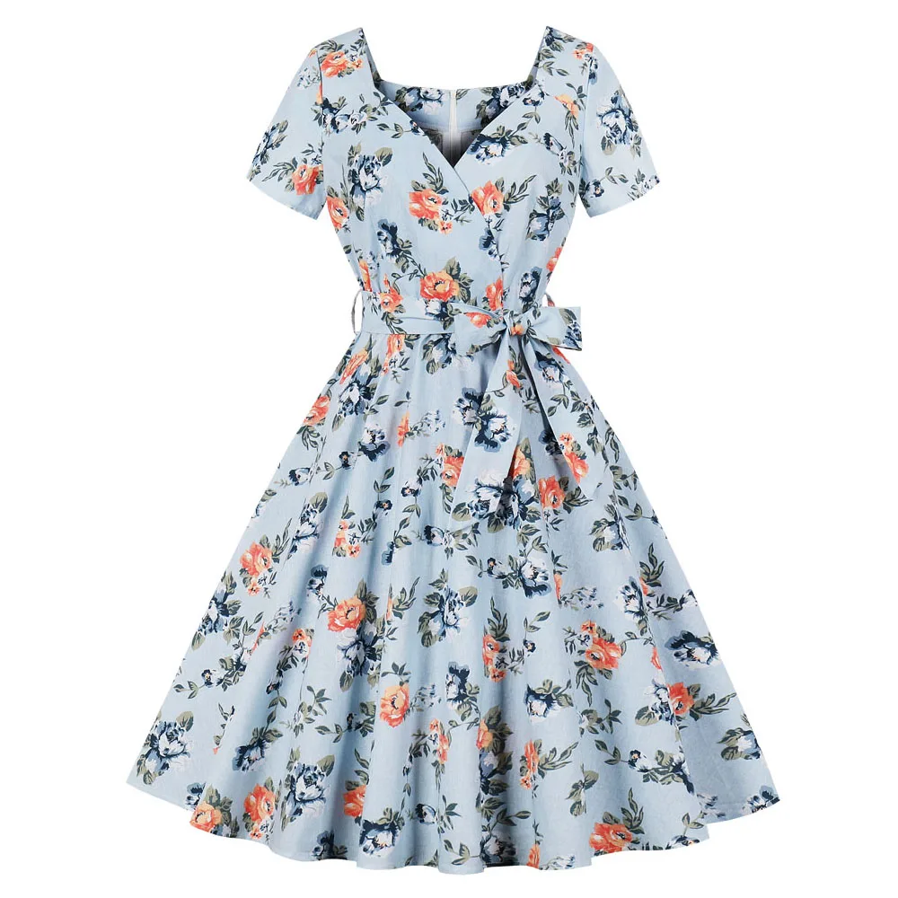 

Joineles Floral Print Women Elegant Vintage Dress 50s Rockabilly Robe Summer V-Neck Short Sleeve High Waist Retro Dresses Cotton
