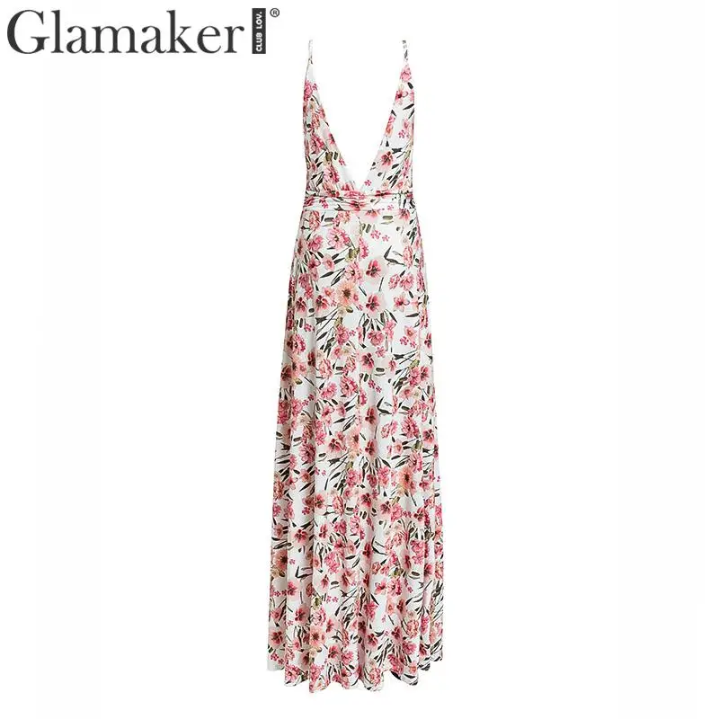 Glamaker цветочный принт с v-образным вырезом плюс размер Макси платье женское облегающее винтажное платье с высоким разрезом Летнее Длинное пляжное элегантное сексуальное платье