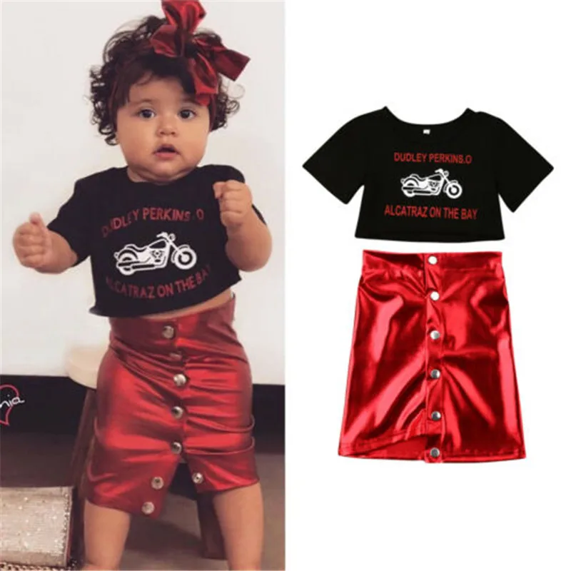 

1-5 Years Girls Clothes Set Black Locomotive Print T-Shirt For Girls Motorcycle Tops Pu Leather Skirts Girls Girl Set Clothing
