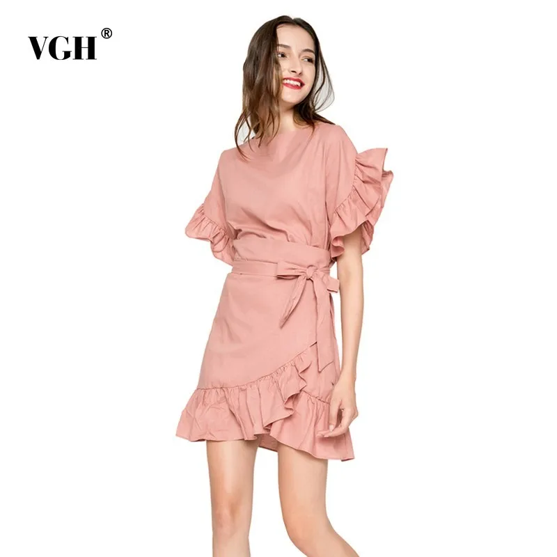 

VGH Dress For Women Petal Sleeve O Neck Lace Up Bow Irregular Ruffles Hem Tight Above Knee-mini Female Dresses Fashion New