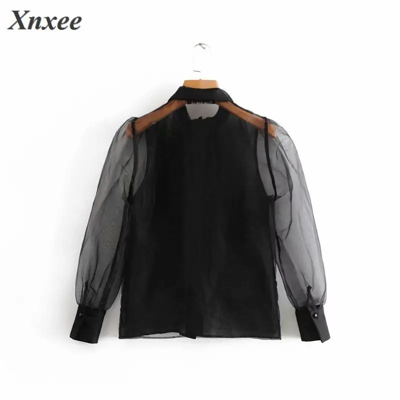 

women vintage sexy transparent bow tied collar casual black organza Blouse shirt women business Feminina Blusas chic tops