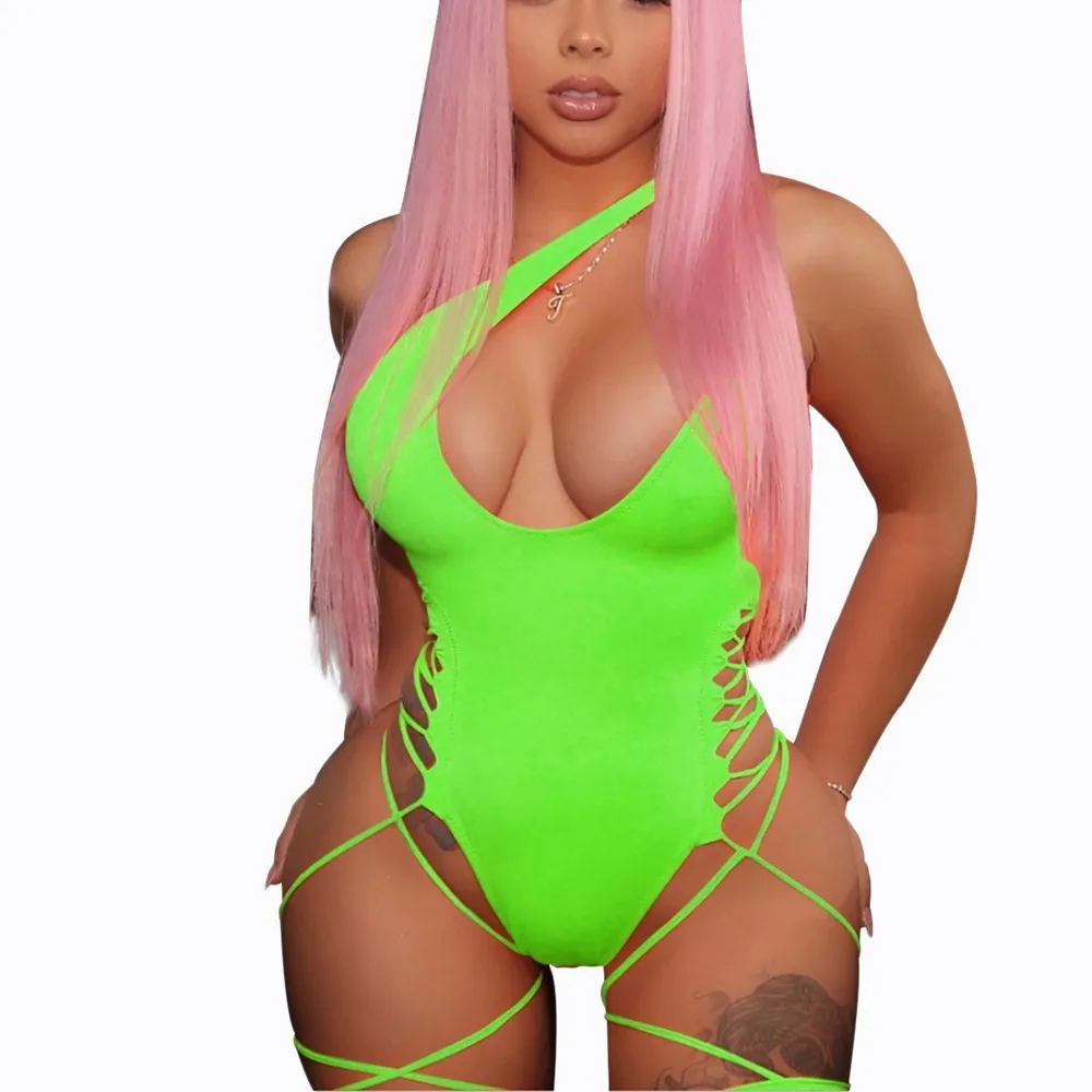 

Micro Swimsuit Solid One Piece Swimwear Bandage Swimsuit Thong High Cut Monokni Brazilian Biquini One Shoulder Swimsuits Neon