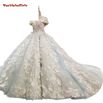 

2018 New Sleeveless Luxurious Bridal Dresses Tulle Lace Bridal Gowns High Royal Train Ball Gown Light Blue Wedding Dresses