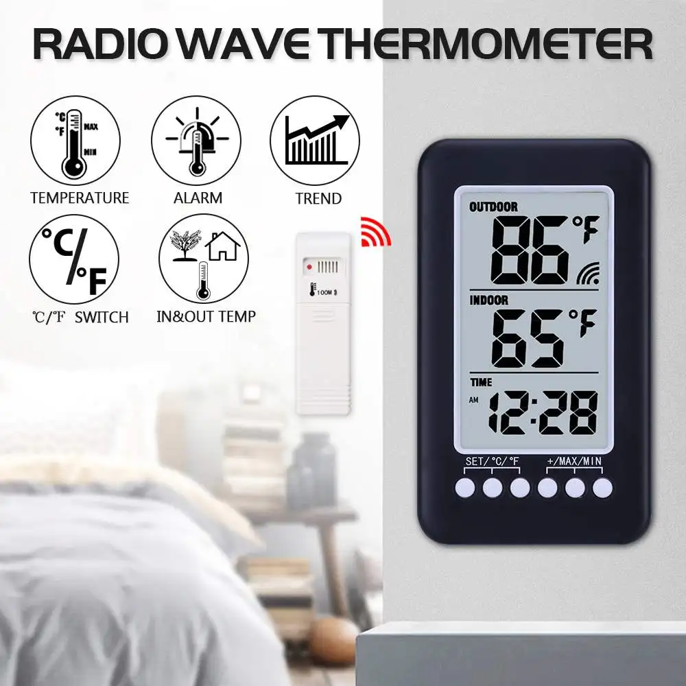 

Wireless Radio Wave Thermometer Indoor/Outdoor LCD Hygrometer Humidity Meter Temperature Sensor Wall Colock