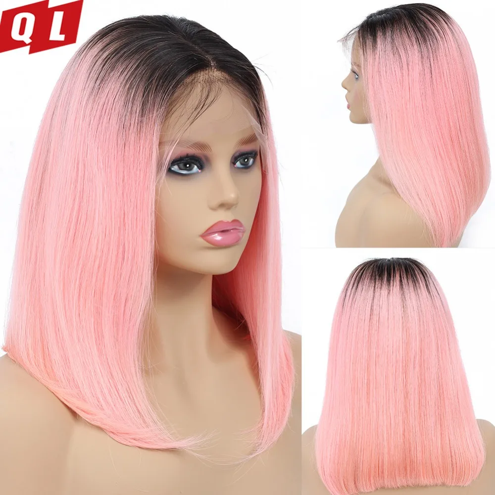 QLOVE Bob Wigs Malaysian Straight Lace Front Human Hair Wigs 1B/Pink