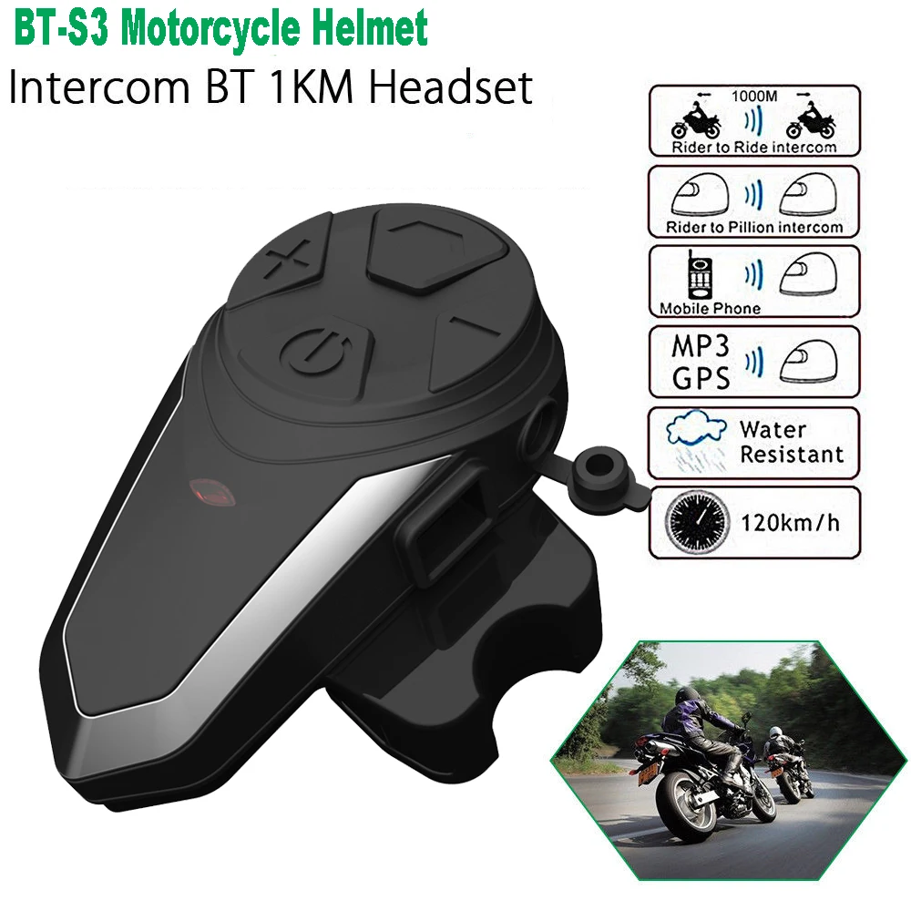 BT-S3 Motorcycle Intercom Blue-tooth Interphone Helmet Headset 1000M FM Radio
