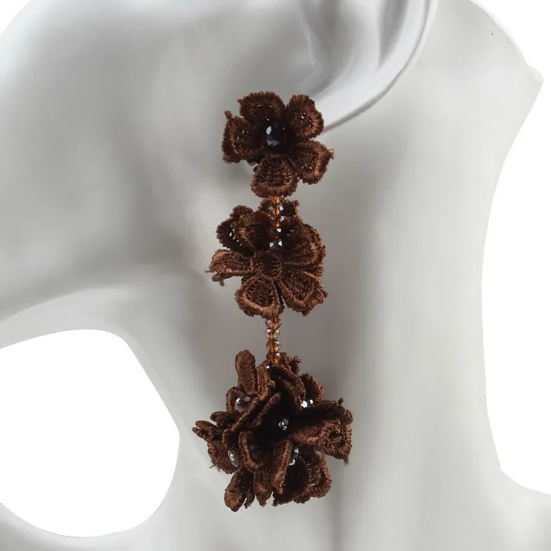 

Florosy Lace Crochet Flower Pendant Handmade Crystal Bead Drop Earrings Women Fashion New Party Long Dangle Statement Earrings