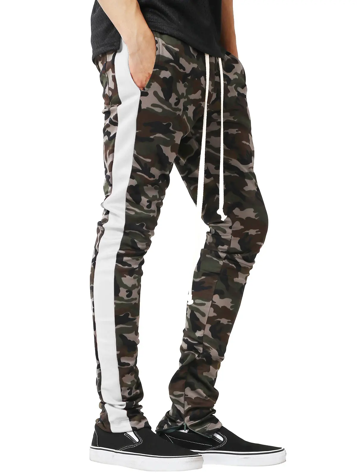 Side Stripe Hem Zipper Camo Drawstring Track PantsCasual Pants