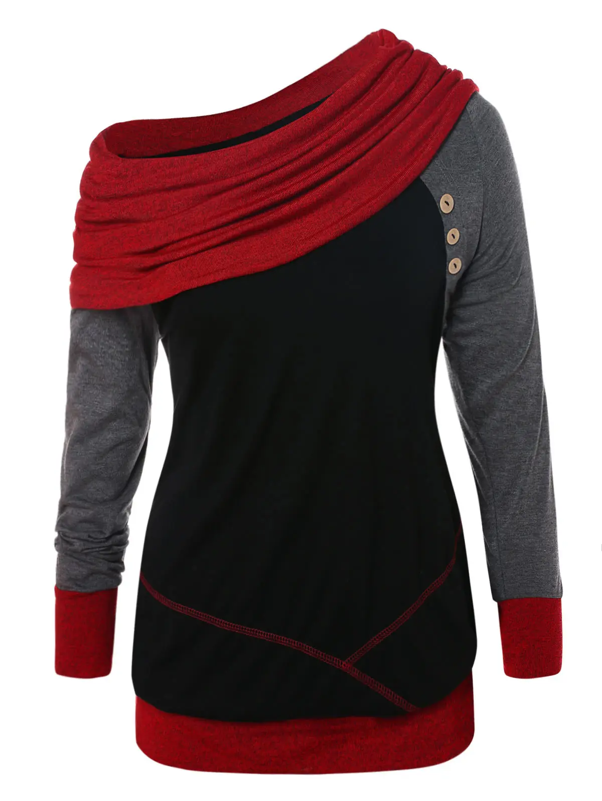 

Wipalo Plus Size Skew Neck Contrast Sweatshirt Women Casual Sweatshirts Fall Spring Color Block Cowl Top Women Clothers Big Size
