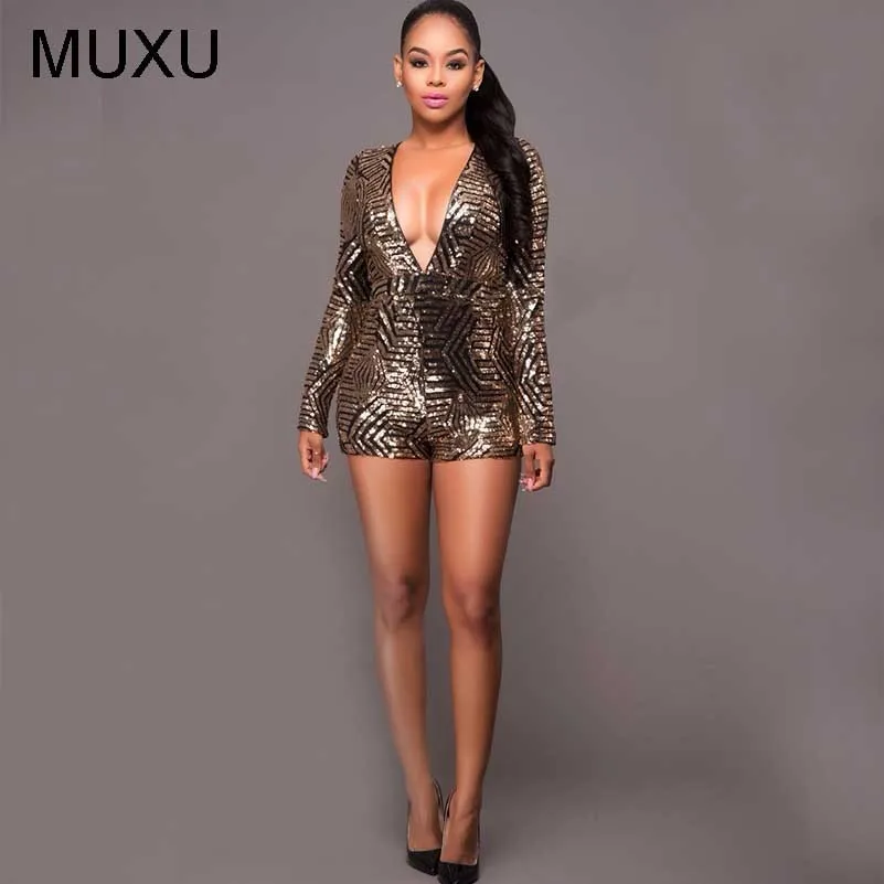 

gold sequin glitter bodysuit jumpsuit short macacao feminino women rompers long sleeve black jumpsuits body mujer sexy costumes