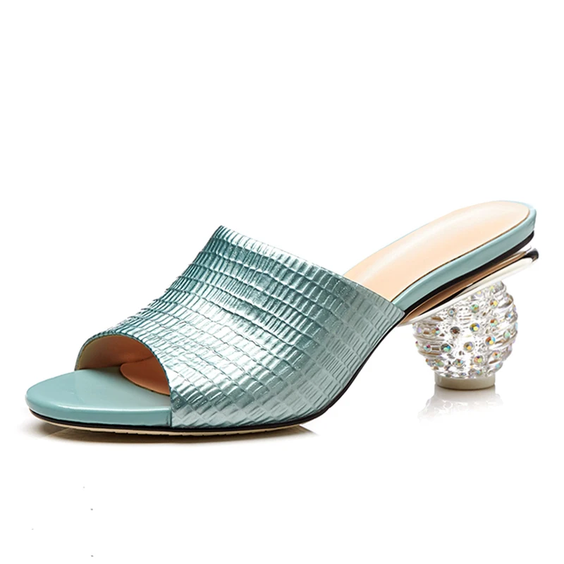 

Summer Style Blue Leather Mules 7 CM Crystal Chunky Heels Open-toe Party Pumps Sexy Woman Slippers Box packing T2-52