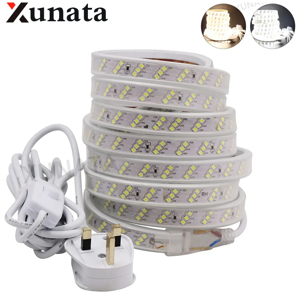 

AC220V LED Strip Light 2835 180Leds/m LED Tape Oblique Three Row Led Light Strip IP67 Waterproof Strips With 12MM 3M UK Switch