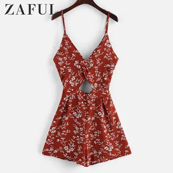 

ZAFUL Twist Floral Cut Out Cami Romper Women Vacation Sleeveless Spaghetti Strap Vintage bodysuit Casual Jumpsuit Summer