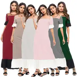 Леди рюшами длинное платье в полоску летнее платье Для женщин Абаи Арабский мусульманский джилбаба Исламская короткий рукав o-образным