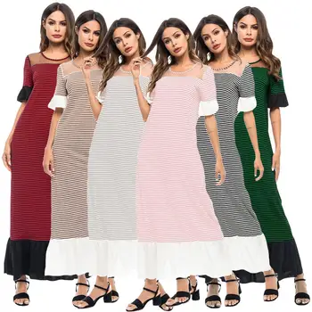 

Lady Ruffle Stripe Long Dress Summer Dress Women Abaya Arab Muslim Jilbab Islamic Short Sleeve O-neck Draped Patchwork Dress New