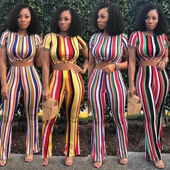 

2019 New Stripe Two Piece Set Women Spring Summer Short Sleeve Crop Top Straight Pants Suits Striped Female Casual Outfit
