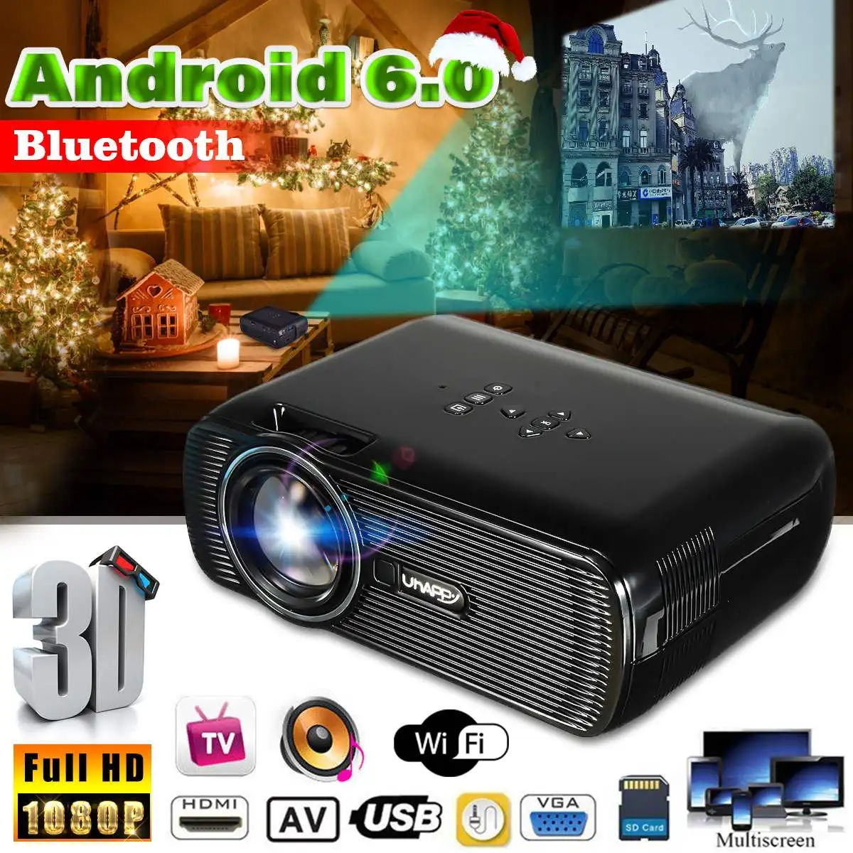7000 Lumens Wifi Mini Projector HD 1080P Android Home Theatre System Cinema Wireless 3D HDMI