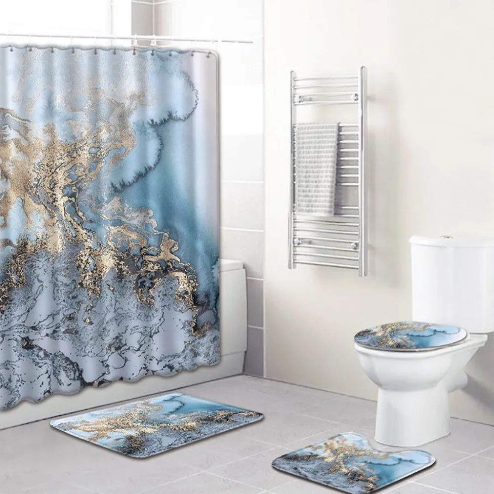 4 шт., Морской стиль, нескользящий коврик для унитаза из полиэстера, Набор ковриков для ванной комнаты, занавеска для душа, декор для ванной комнаты, моющаяся, водопоглощающая, цветная