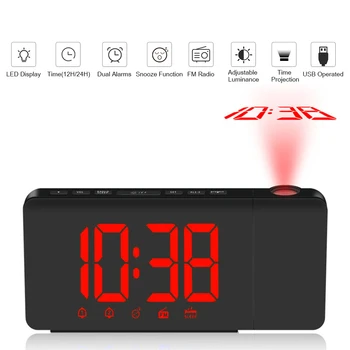 

USB Projection Alarm Clock LED Display Time Digital Alarm Clock with Rotatable Projector Dual Alarm FM Radio Snooze Function