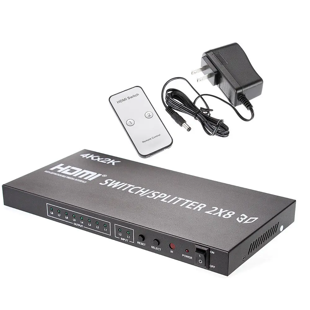 HOT 2X8 HDMI 3D True Matrix Switch Splitter 2 In Source 8 Out Display W Remote