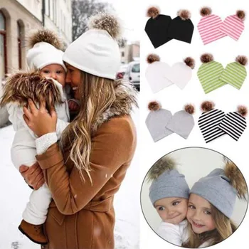 

Pudcoco New Mom Baby Kid Winter Warm Raccoon Fur Beanie Cotton Knitted Parent-Child Cotton Hat