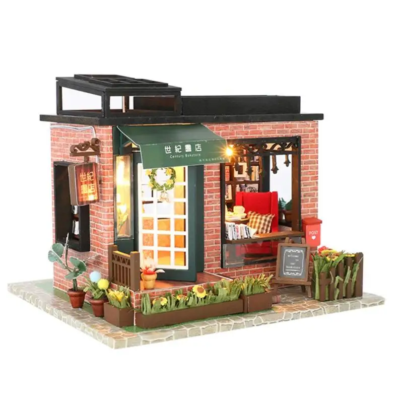

Bookstore DIY Puzzle Assemble Doll House Miniature Wood House Furniture Toy Children's Wood Motel Building Educational Toys