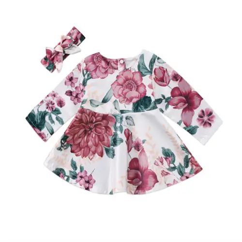 

2Pcs Newborn Kids Baby Girls dress Floral Xmas Dress Princess Party Pageant Costume +headband set clothes