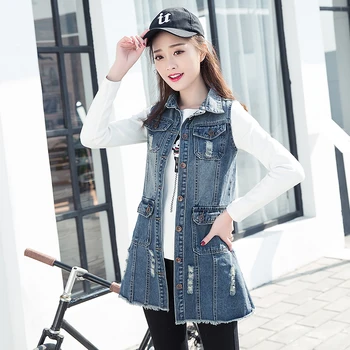 

#3375 Spring Summer Ripped Denim Waistcoat Women Slim Casual Long Vest Female Sleeveless Jacket Female Korean Fashion
