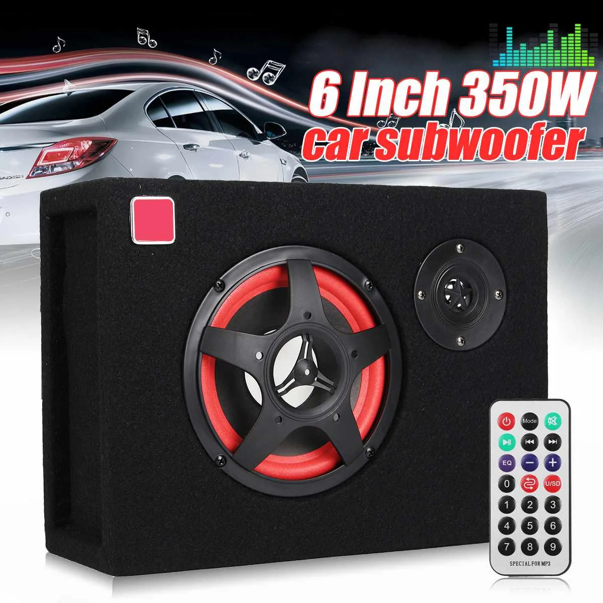 6 Inch 350W Under Seat Active Car Subwoofer Speaker Audio Stereo Bass