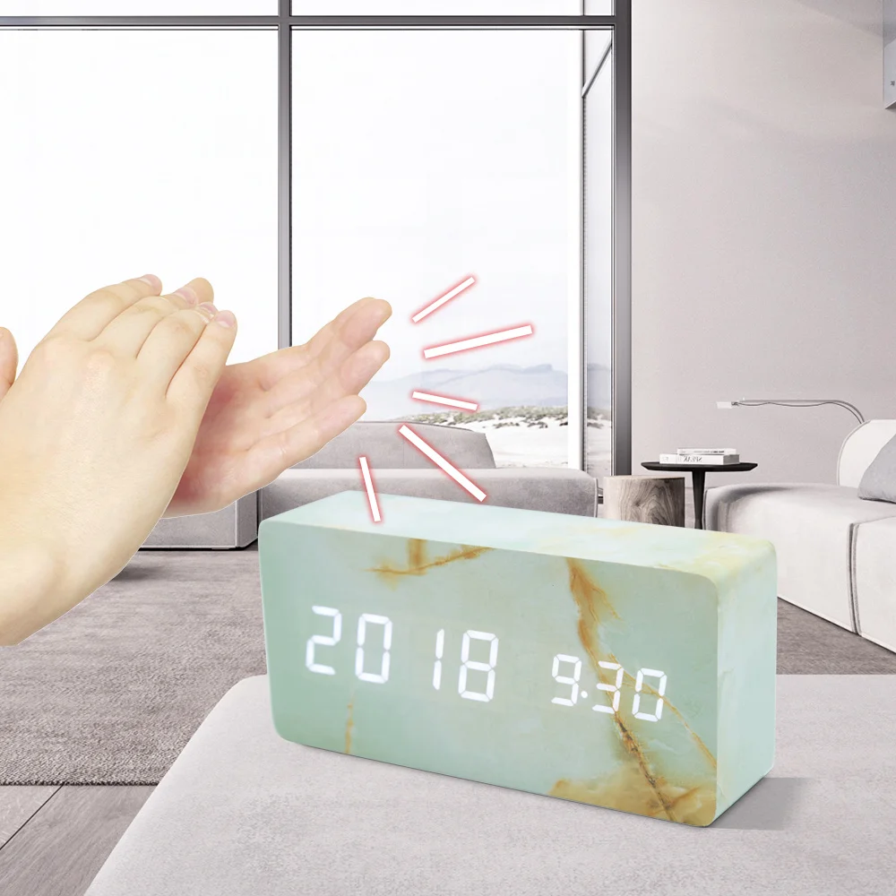 

Wooden LED Digital Alarm Clock Dual Screen Sound Control Temperature mode Electronic USB Charging Alarm Clocks