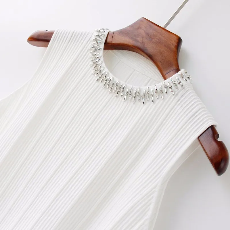

Fashion beading diamonds knitted tank tops women sexy slim t shirt summer 2019 new arrivals