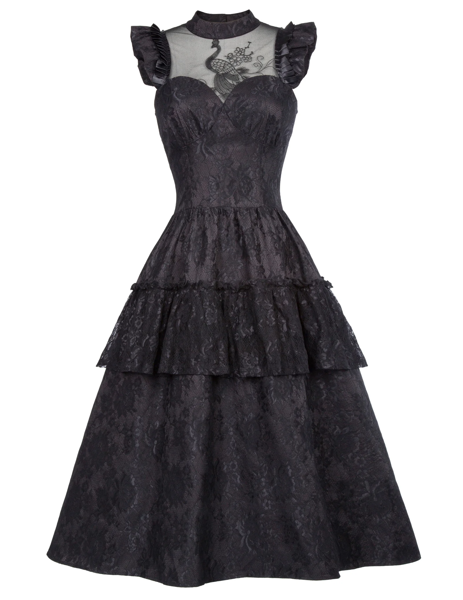 

Fashion Luxurious Vintage Cap Sleeve High-neck Sheer Bodice Lace Swing Dress Sheer Bodice With Peacock Pattern Women Dress
