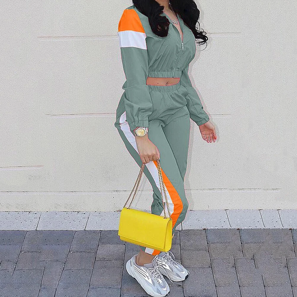 

YJSFG HOUSE Two Piece Set Zipper Crop Tops and Pants Hip Hop Club Outfit Panelled 2 Piece Set Tracksuit Women Joggers Suit