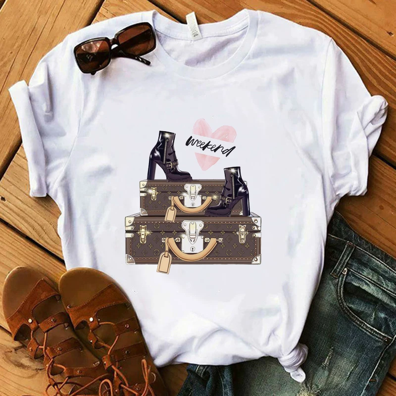 

Vogue Weekend Lady T-shirts 100% Cotton Super Soft Camiseta mujer T-Shirt Summer Women T-Shirt Bag High Heel White Casual Tees