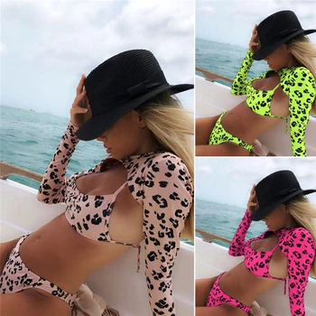 

2019 Summer Women's Sexy Leopard Print Padded Push-Up Bandage Bikini Set Long Sleeve Swimwear Female Swimsuit Beach