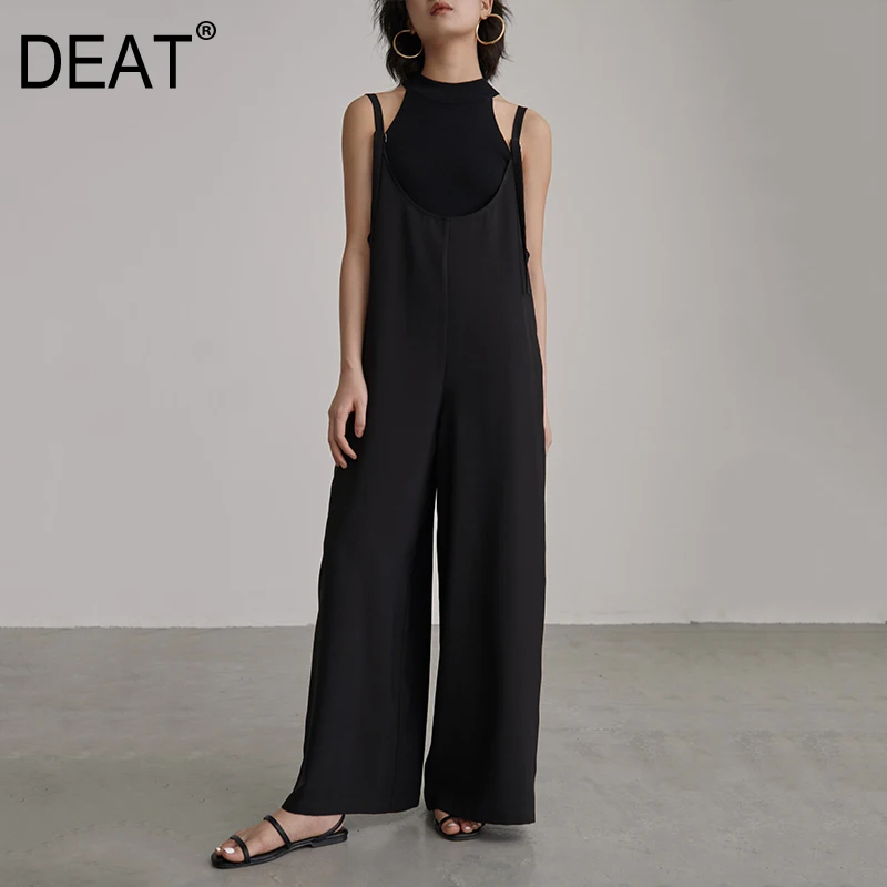 

[DEAT] 2019 New Autumn Winter High Waist Pocket Stitch Black Loose Big Size Wide Leg Pants Women Jumpsuit Fashion Tide JT06