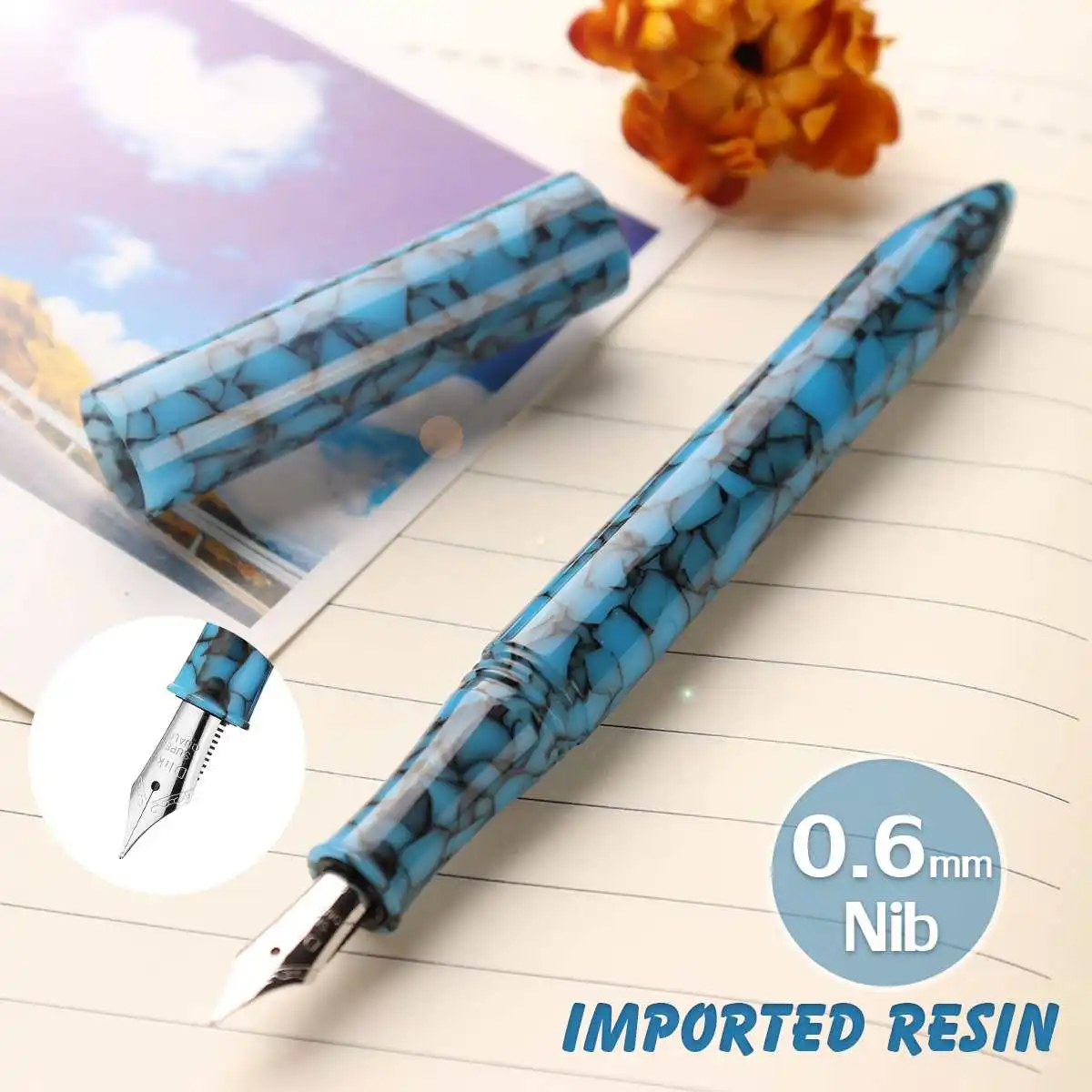 

Resin Blue material Fountain Pen EF M Nib 0.6mm Artwork pen Kawaii Writing Pen with gift box For Valentine's Blue