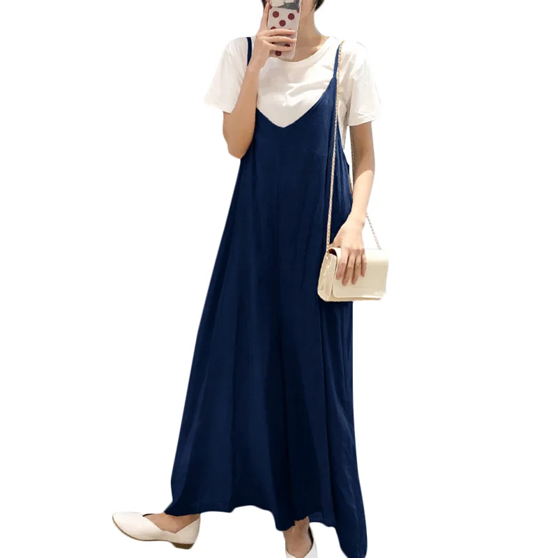 

Women Cotton Linen Wide Leg Romper Solid Strappy V-Neck Bib Overalls Casual Loose Jumpsuit Summer salopette femme Beige/Blue