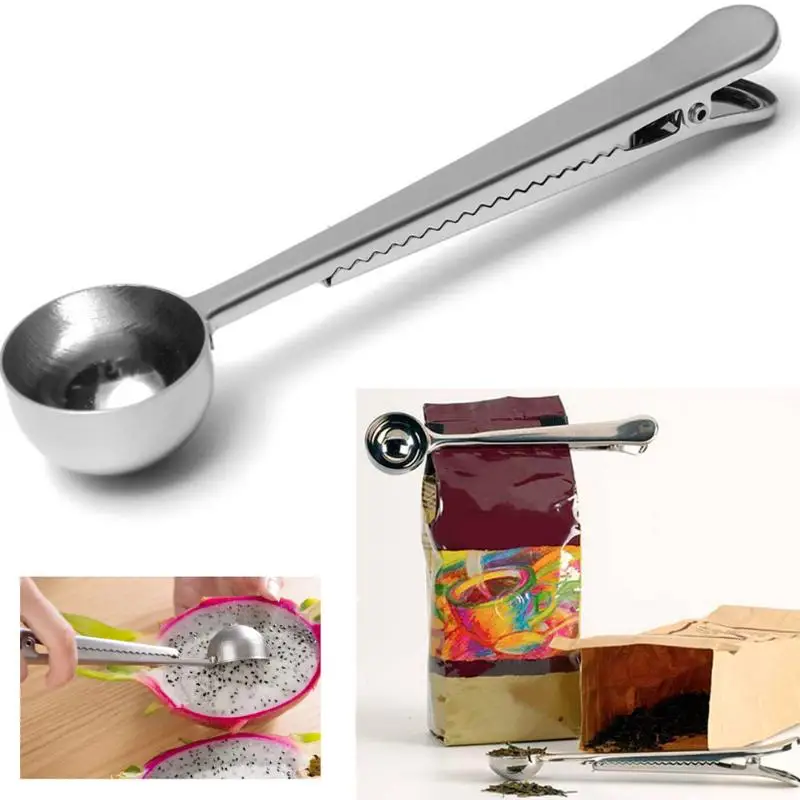 

1 pcs Multifunction Stainless Steel Coffee Scoop With Seal Clip Coffee Tea Scoop 1Cup Ground Coffee Measuring Spoon silver color