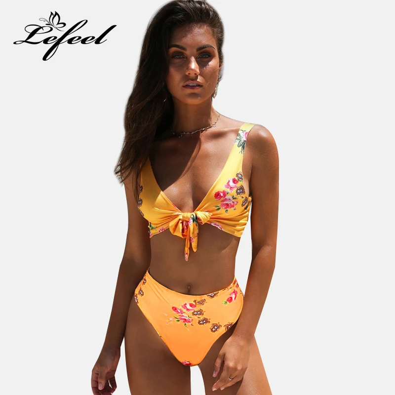

Lefeel 2019 Sexy New Bikini Set Print Swimsuit Women Bandage Floral Swimwear Beach Wear Bathing Suit High Waist Bikinis