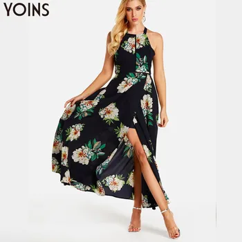 

Bohemian Maxi Long Dress YOINS 2020 Summer Women Vintage Floral Print Sexy Halter Neck Side Split Cold Shoulder Backless Dress