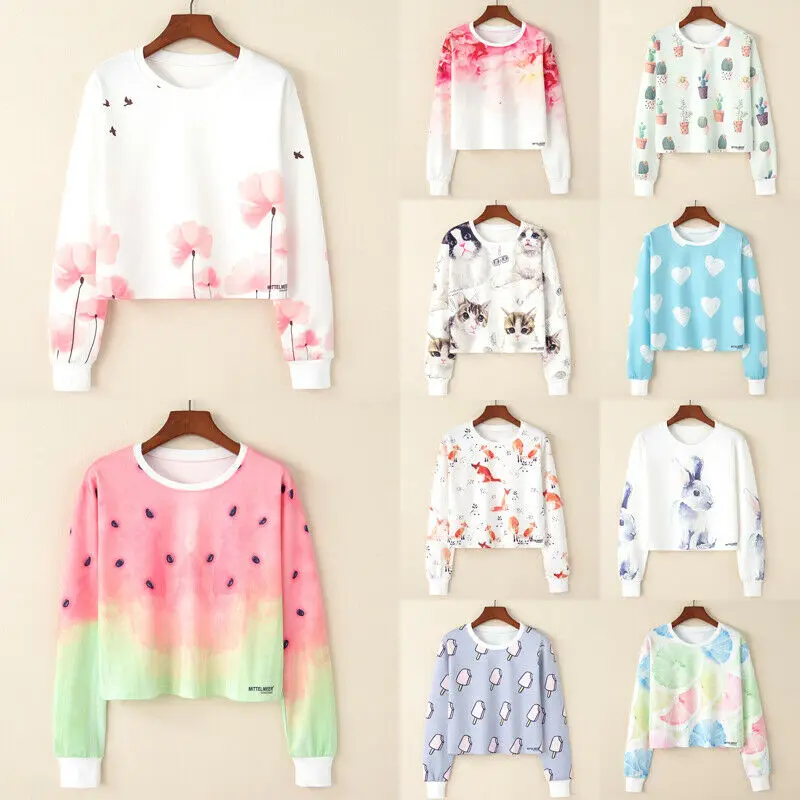

Women Girls Long Sleeve Hoodie Sweatshirt Jumper Animal Print Short Tops Cotton Casual Tracksuit Pullover