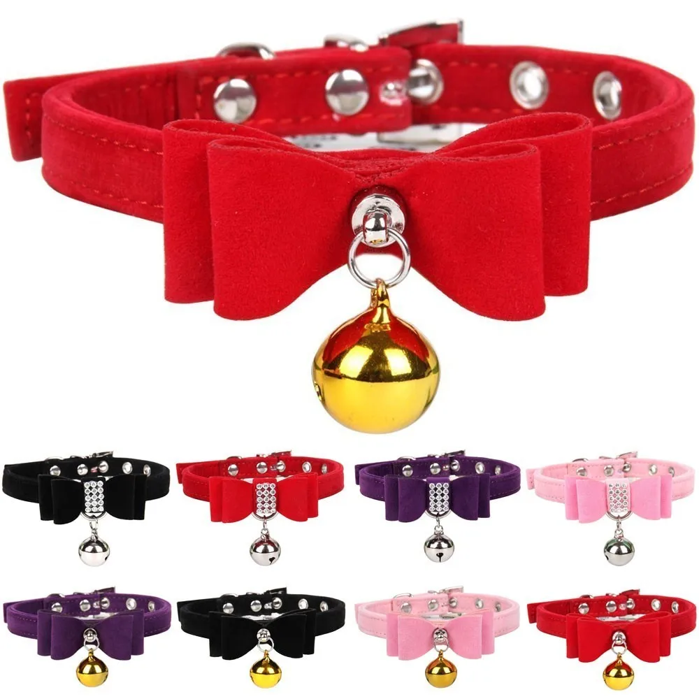 

Adjustable Rhinestone Bowknot Small Dog Cat Collar With Bells Velvet Material Kitten Collars Cats Supplies Chihuahua Collars S/M