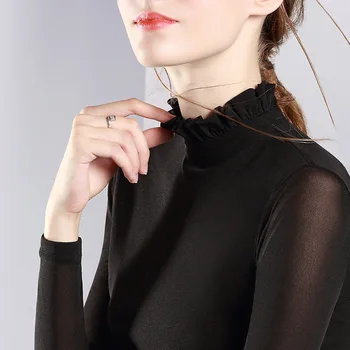 

2019 Long Sleeve Jacket Woman Lotus Leaf Neck Gauze Upper Garment T Shirt