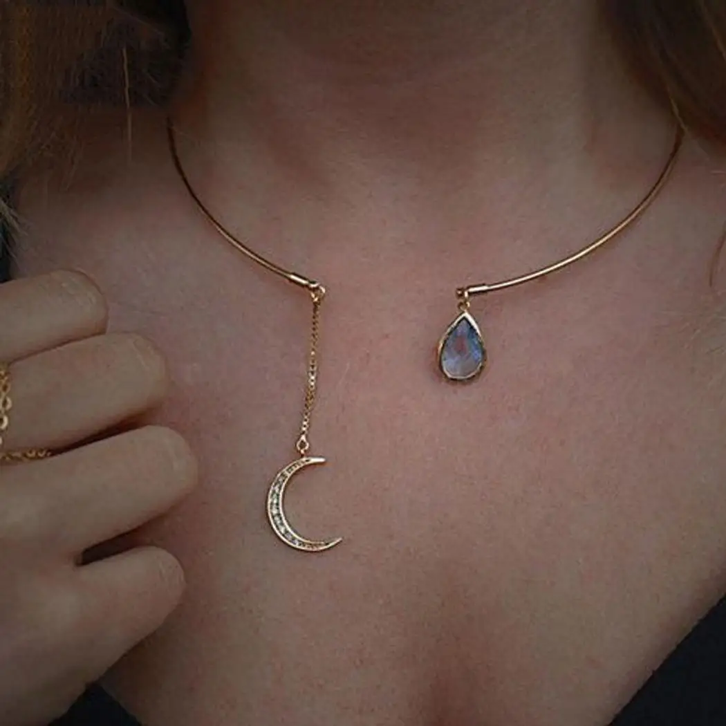 

None Drop Necklace Rhinestone Gold 10cm 4inch Choker Fashion Moon Water Circular Casual Women 5 14 Moon 7inch 5cm Open Pendant