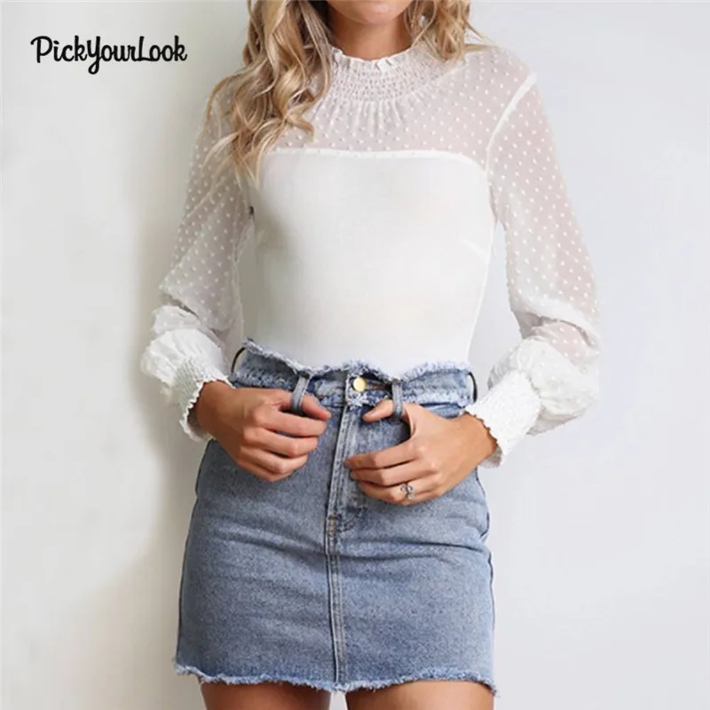 PickyourLook Women High Neck See Through Bodysuit Bodycon Ladies Long Sleeve Leotard Tops Sexy Lace Mesh Long Sleeve Bodysuit